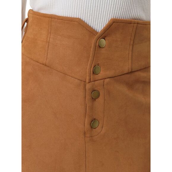 Faux Suede Skirt High Rise Button Front A-line Slit Skirt Brown - Picture 5 of 6